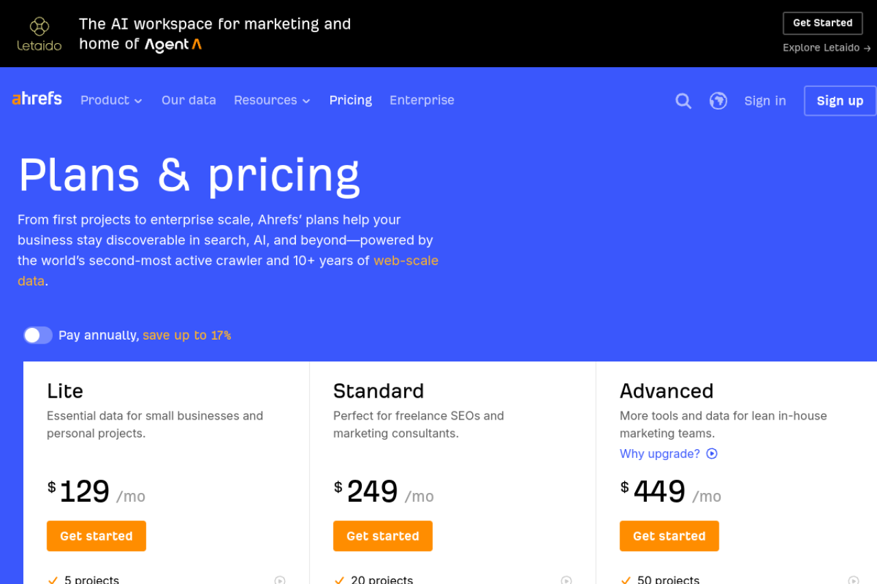 ahrefs pricing screenshot