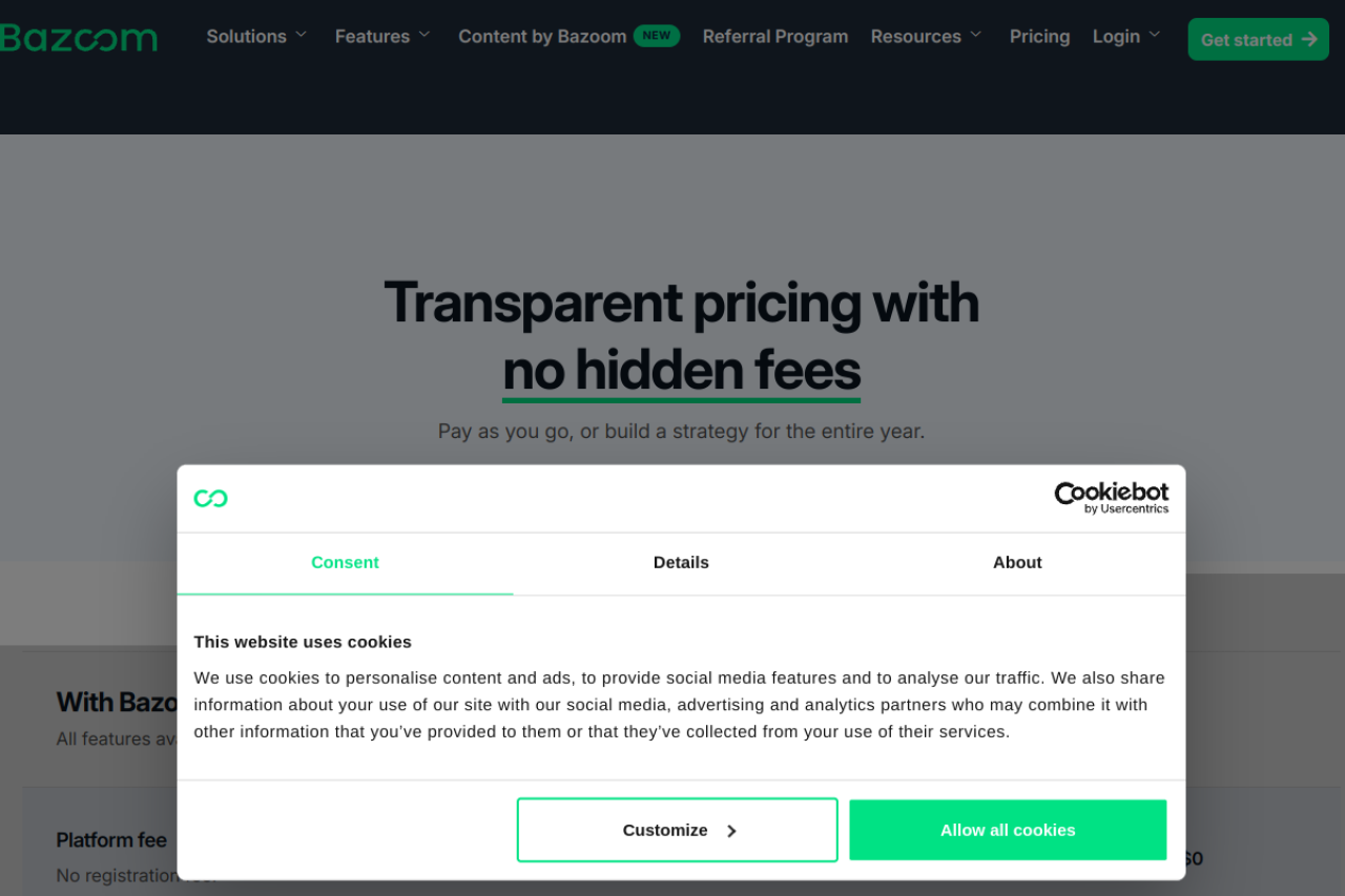 Bazoom pricing screenshot