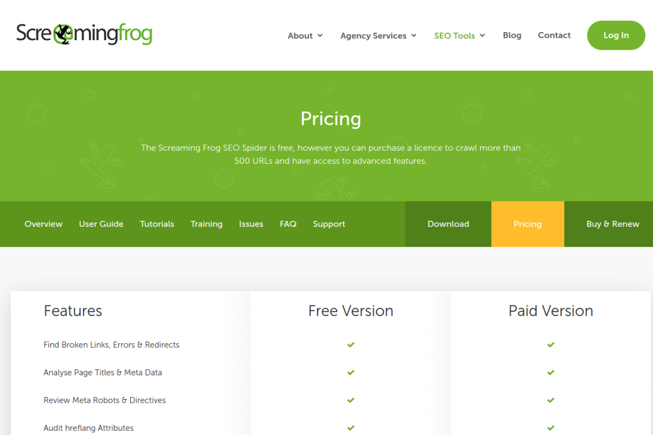 Screaming Frog pricing screenshot
