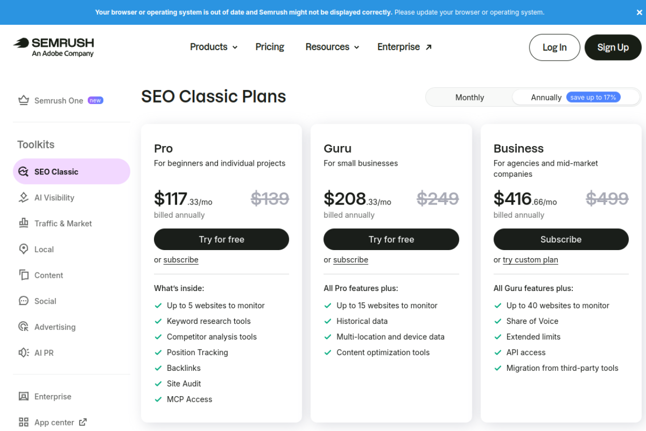 SEMrush pricing screenshot