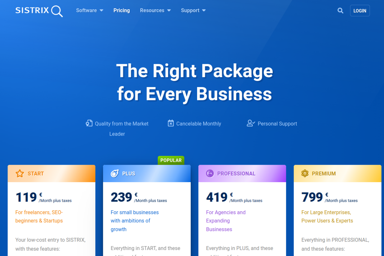 Sistrix pricing screenshot