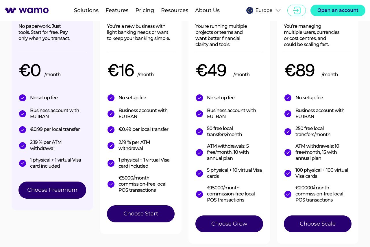 wamo business account plans and prices