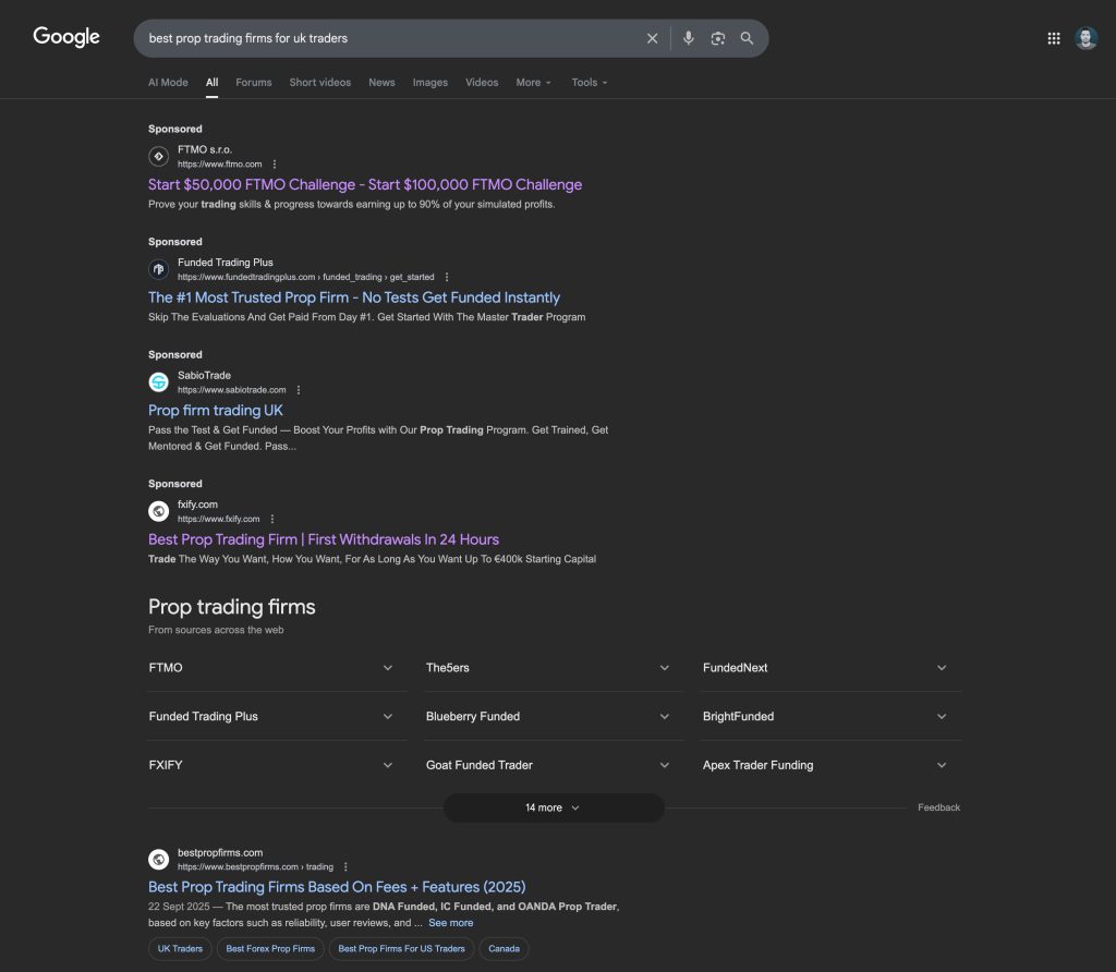 Google SERP example of UK Prop Trading Search Query
